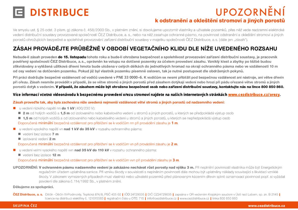 Upozornění k odstranění a okleštění stromoví a jiných porostů