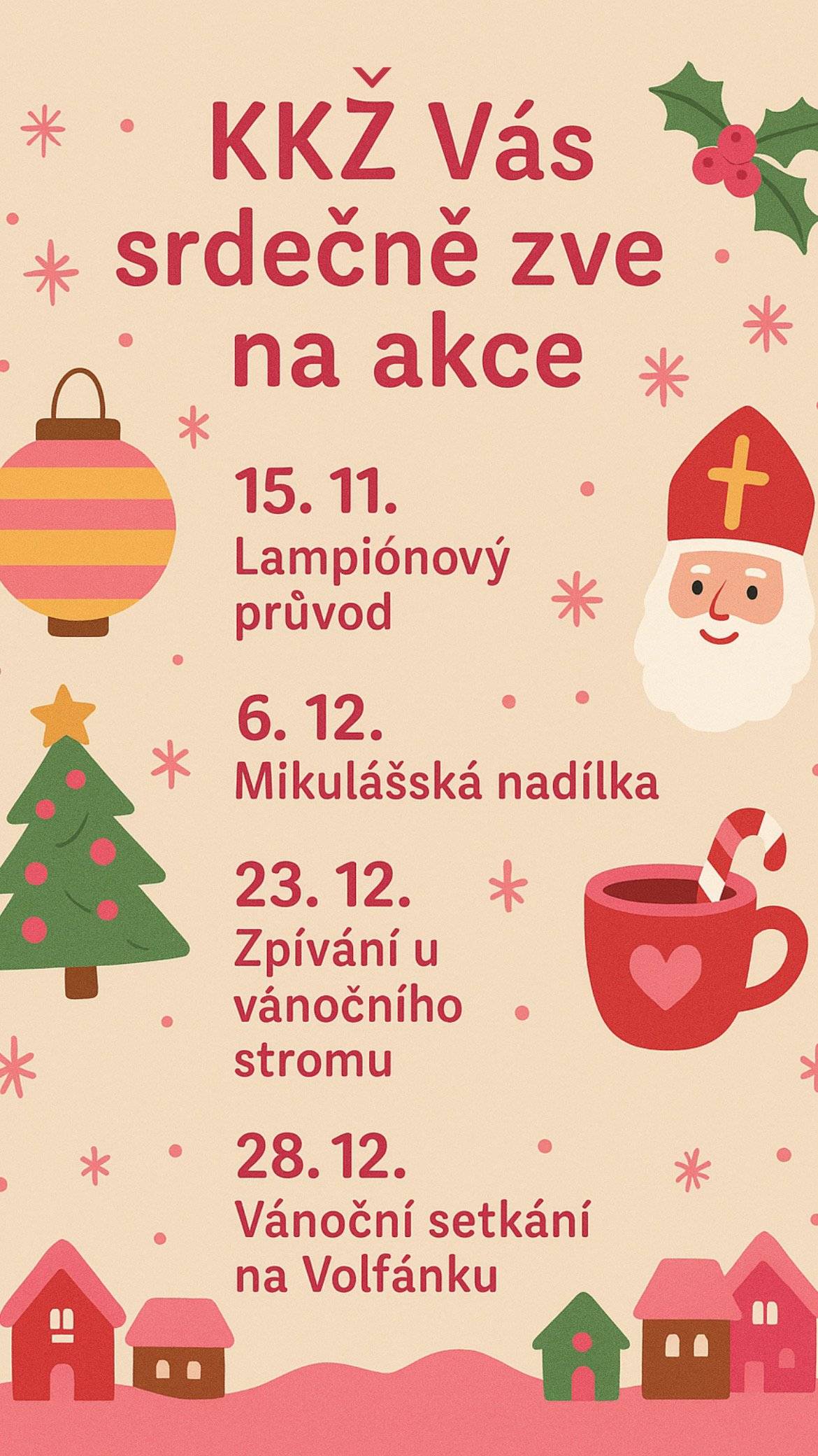 Rádi bychom Vás pozvali na zimní maraton akcí, který odstartuje 15.listopadu Lampiónovým průvodem. A společně ho zakončíme 28.prosince Vánočním setkáním na Volfánku.    Budeme se na Vás těšit. 🤩
