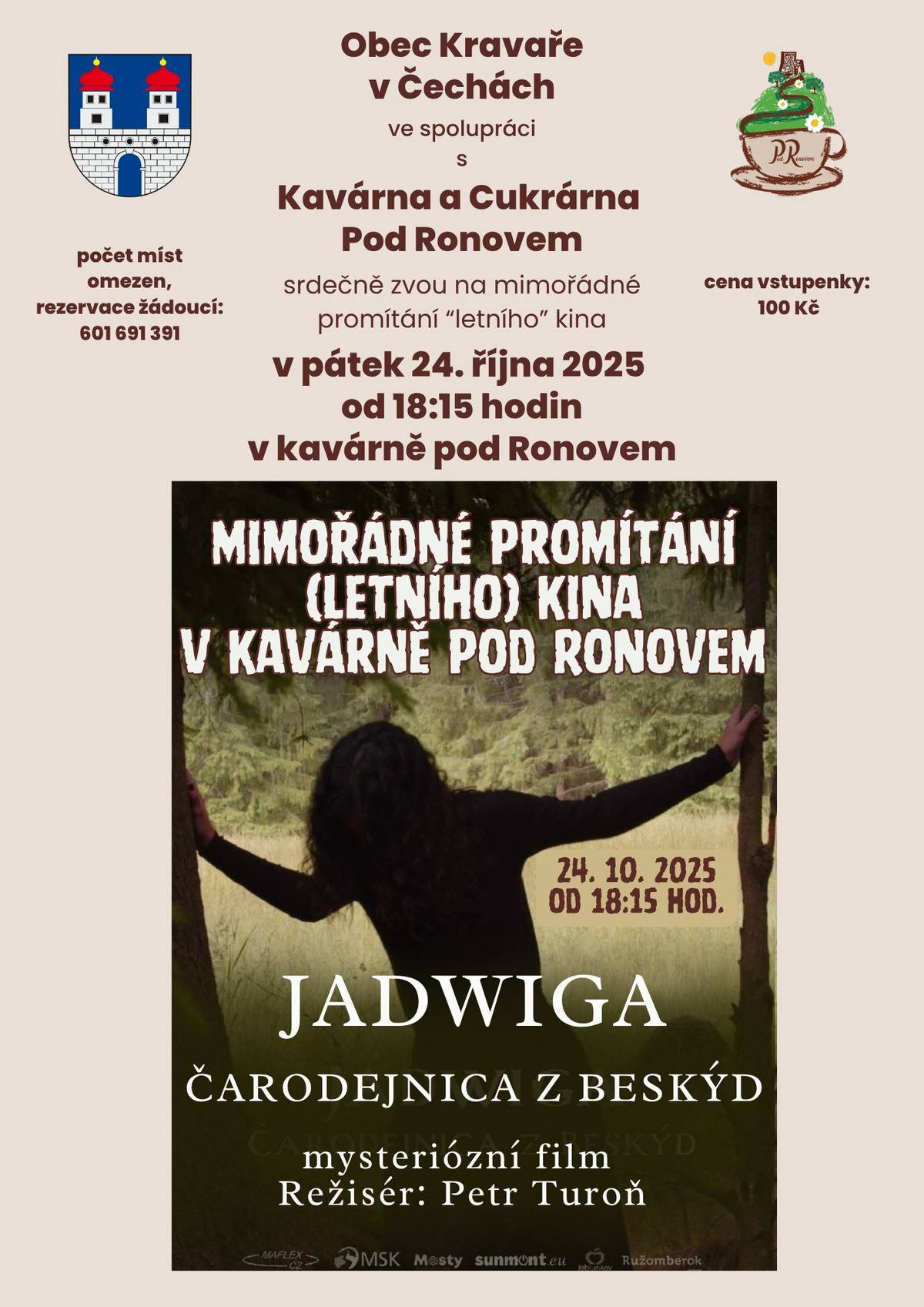 Obec Kravaře ve spolupráci s Kavárnou a cukrárnou pod Ronovem zve na promítání mysteriózního filmu Jadwiga, v pátek 24.10.2025 od 18.15h v cukrárně. Vstupné 100 Kč.