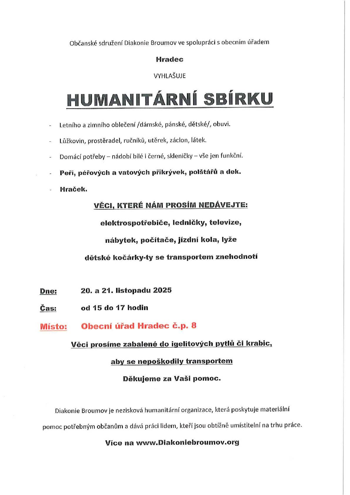 Humitární sbírka 20. a 21.11.2025 na Obecním úřadě Hradec č.p. 8