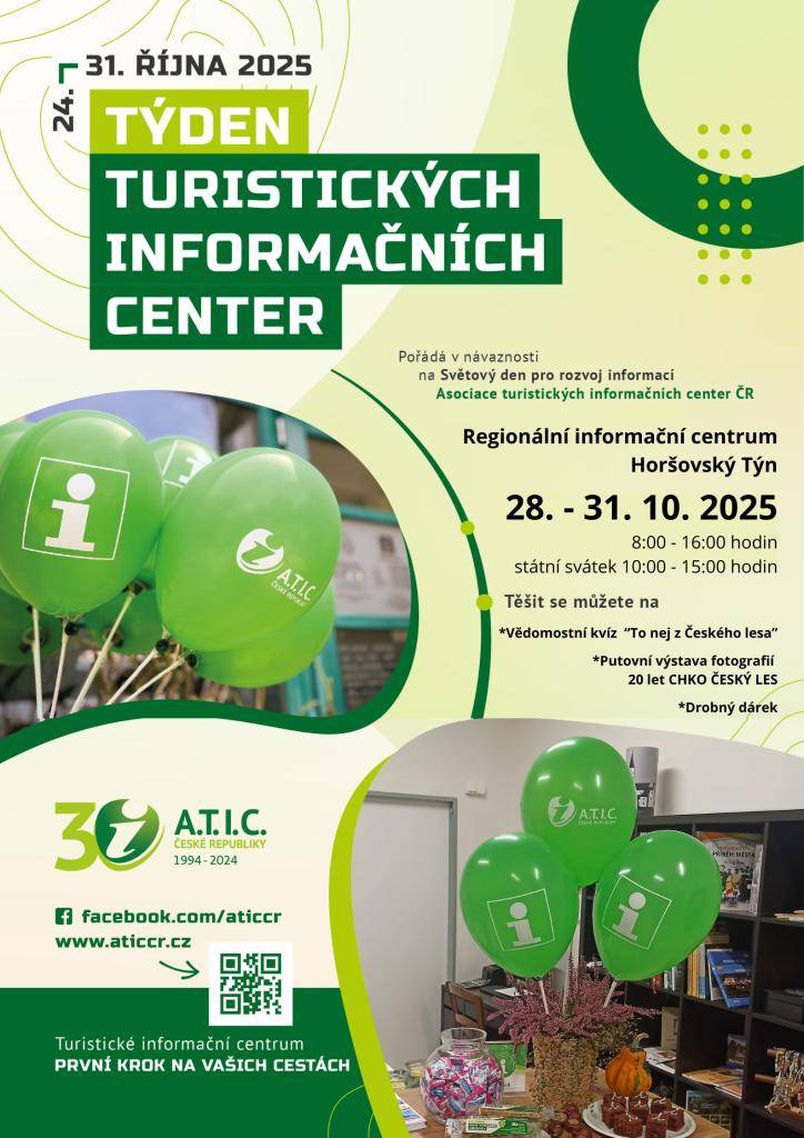 Regionální informační centrum Horšovský Týn pořádá v návaznosti na Světový den pro rozvoj informací akci, která se koná od 28. do 31. října 2025. V rámci této akce se můžete zúčastnit vědomostního kvízu „To nej z Českého lesa“ a prohlédnout si putovní výstavu fotografií k 20. výročí CHKO Český les.
