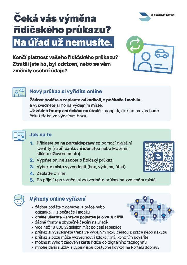Stačí se přihlásit pomocí digitální identity, vyplnit žádost, zaplatit online a vyzvednout si hotový průkaz na vámi zvoleném místě, třeba ve výdejním boxu.