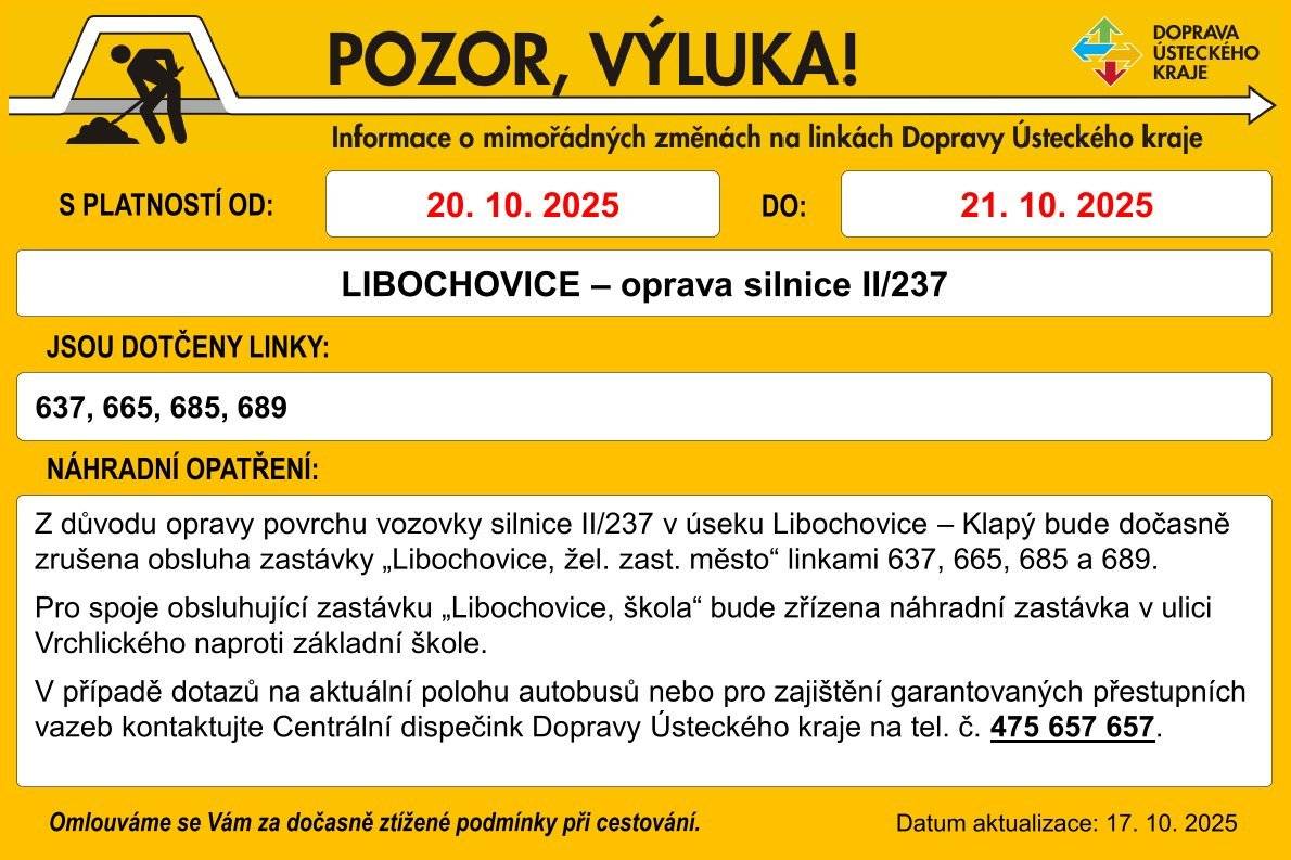 Vážení občané,  z důvodu opravy povrchu vozovky silnice II/237 v úseku Libochovice – Klapý bude dočasně zrušena obsluha zastávky „Libochovice, žel. zast. město“ linkami 637, 665, 685 a 689. Pro spoje obsluhující zastávku „Libochovice, škola“ bude zřízena náhradní zastávka v ulici Vrchlického naproti základní škole. V případě dotazů na aktuální polohu autobusů nebo pro zajištění garantovaných přestupních vazeb kontaktujte Centrální dispečink Dopravy Ústeckého kraje na tel. č. 475 657 657.