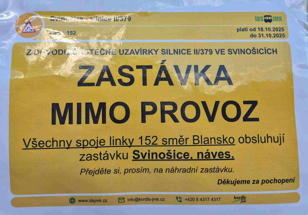 Dobrý den, posílám aktuální informaci o přesunutí autobusových zastávek. Z důvodu pokračování opravy povrchu na silnici 379/II se bude opravovat povrch v úseku stávajících autobusových zastávek. Od 18.10. do 31.10. budou tyto zastávky přesunuta tak, že všechny autobusy budou projíždět obcí. Ve směru na Blansko bude využívána stávající autobusová zastávka Svinošice - náves a ve směru do Kuřimi, bude nově zřízena autobusová zastávka naproti stávající Svinošice - náves. Žádám rodiče, aby o tomto informovali děti hlavně pro ranní cestu do školy. Josef Hemzal, starosta