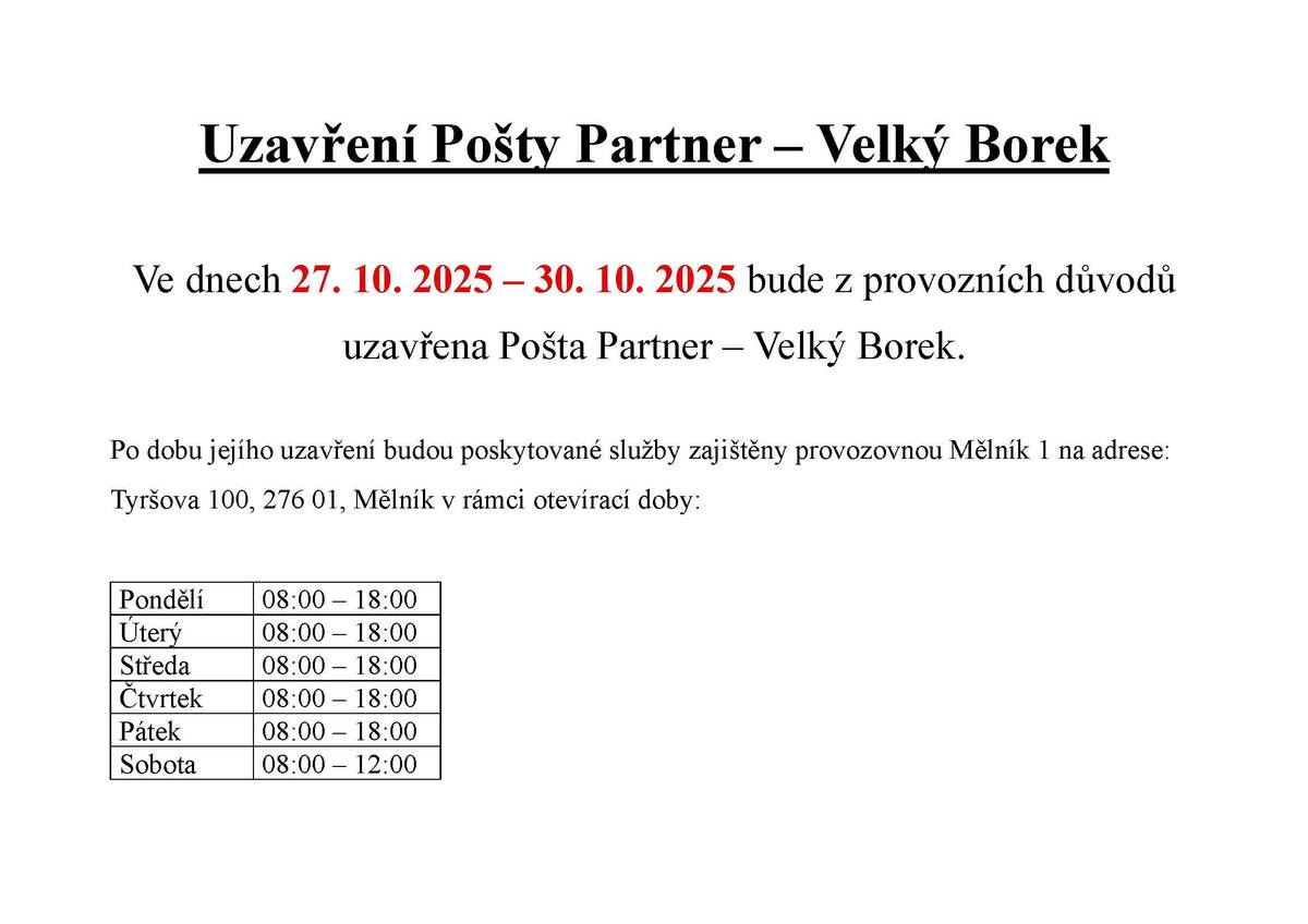 Uzavření Pošty Partner - Velký Borek