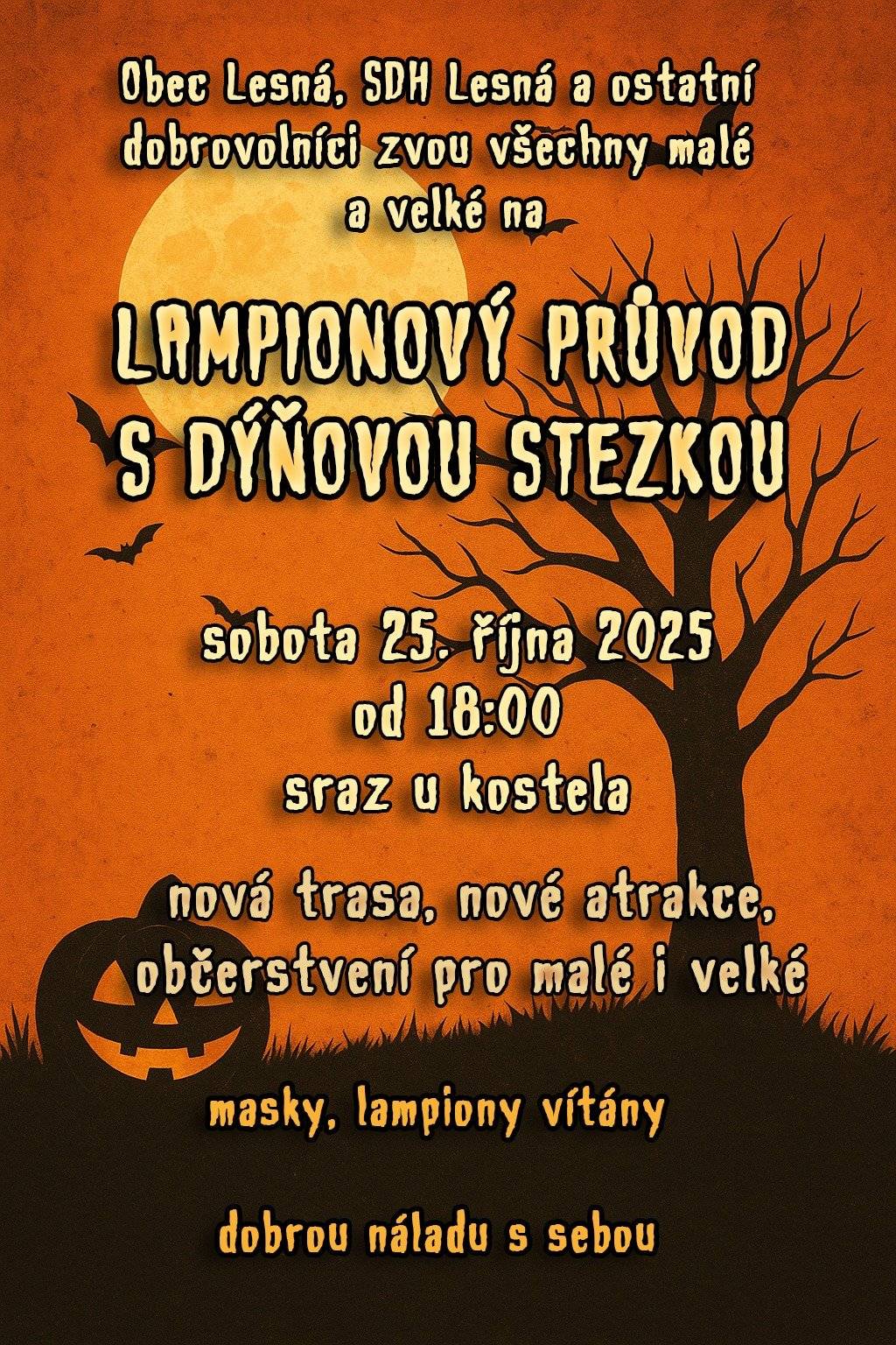 Zveme všechny na náš lampionový průvod s dýňovou stezkou 25. října 2025 od 18:00