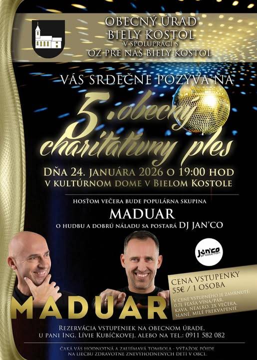 Blíži sa plesová sezóna a už po piaty krát sme pre vás pripravili obecný charitatívny ples.   Príďte sa zabaviť a stretnúť s priateľmi a zároveň pomôcť dobrej veci.  Tak ako po iné roky, súčasťou je charitatívna zbierka- výťažok z tomboly pre zdravotne znevýhodnené deti v obci.