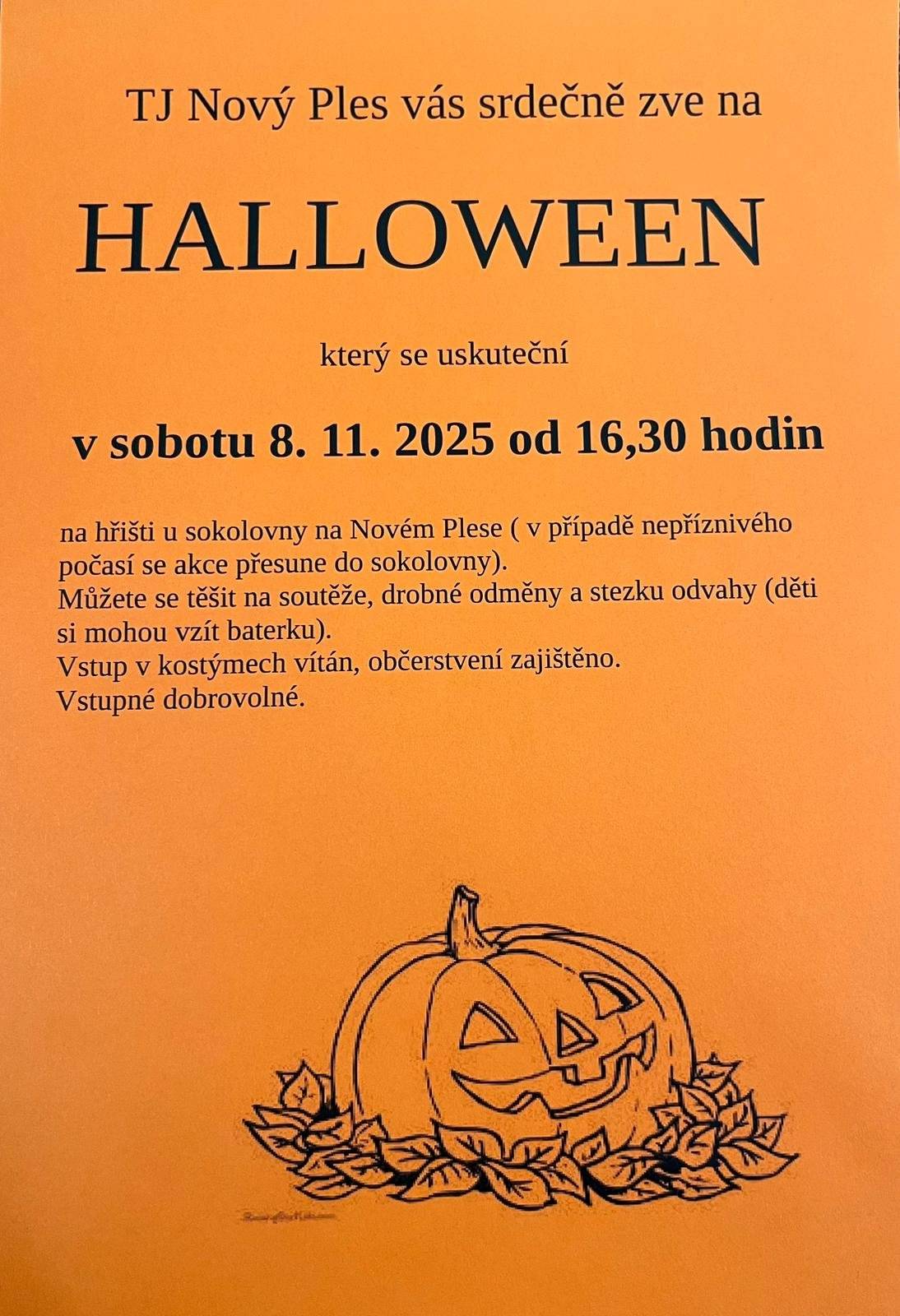 TJ Sokol Nový Ples vás srdečně zve na tradiční Halloween, který se uskuteční v sobotu 8.11.2025 od 16:30 hod na hřišti v Novém Plese. V případě nepřízně počasí se akce přsesune do sokolovny. Vstup v kostýmech vítán. Čekají vás soutěže, stezka odvahy a drobné odměny. Občerstvení zajištěno, vstupné dobrovolné.