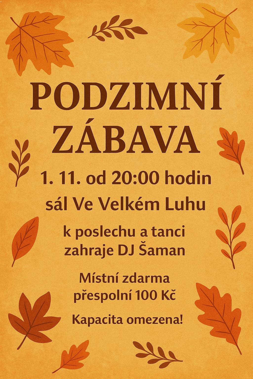 Dne 1.11.2025 na sále ve Velkém Luhu od 20 hod, k tanci a poslechu hraje DJ Šama