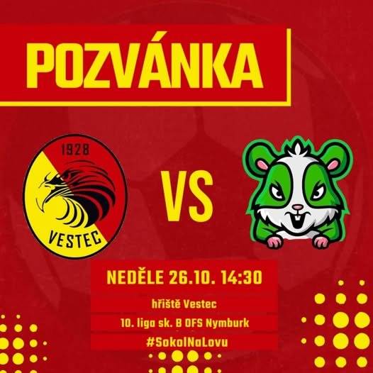 TJ Sokol Vestec zve své přiznivce na mistrovské utkání proti týmu Křečkov B tuto neděli 26. 10. 2025 od 14.30 na místním hřišti