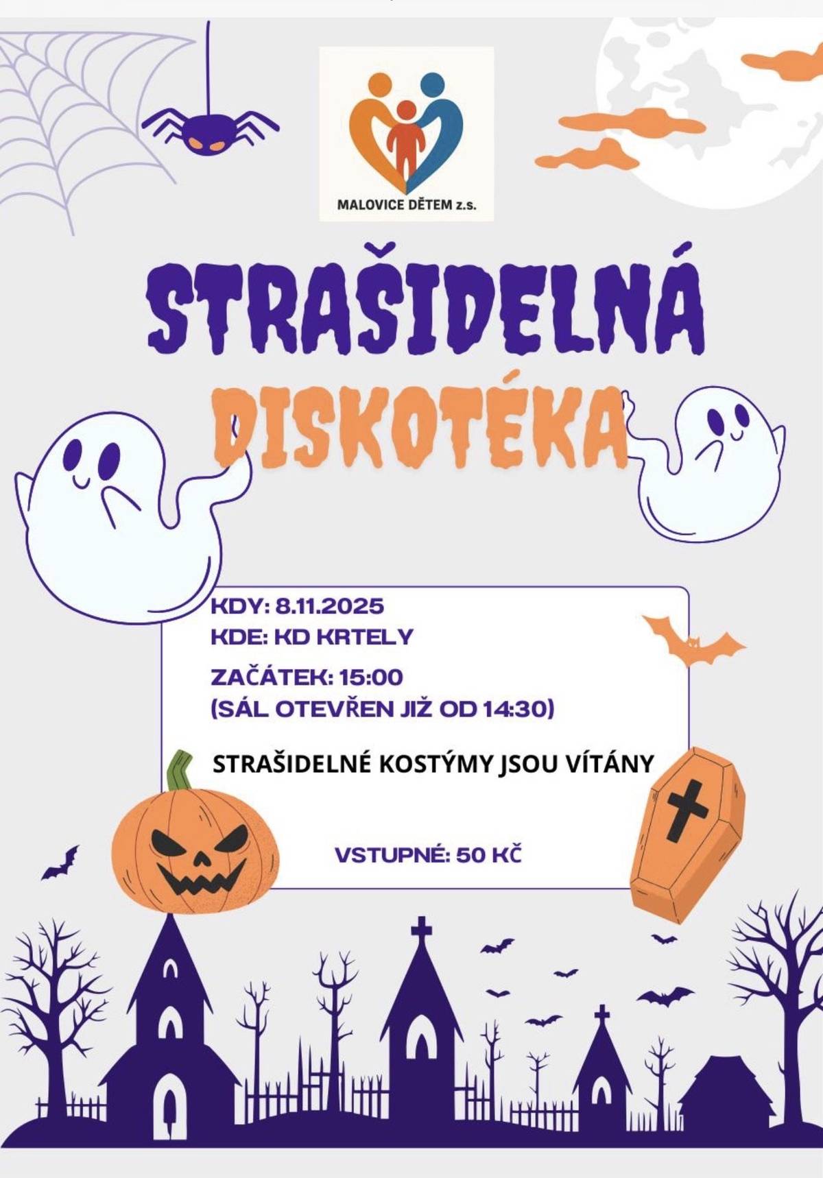 🕸️💃 Strašidelná diskotéka v Krtelích 🕺🕷️ Dne 8.11.2025 od 15:00 v KD Krtely. Vstupné: 50 Kč  Přijďte si zatančit na děsivě dobrou diskotéku! Čeká vás odpoledne plné hudby, zábavy a strašidelné atmosféry. 👻🎶