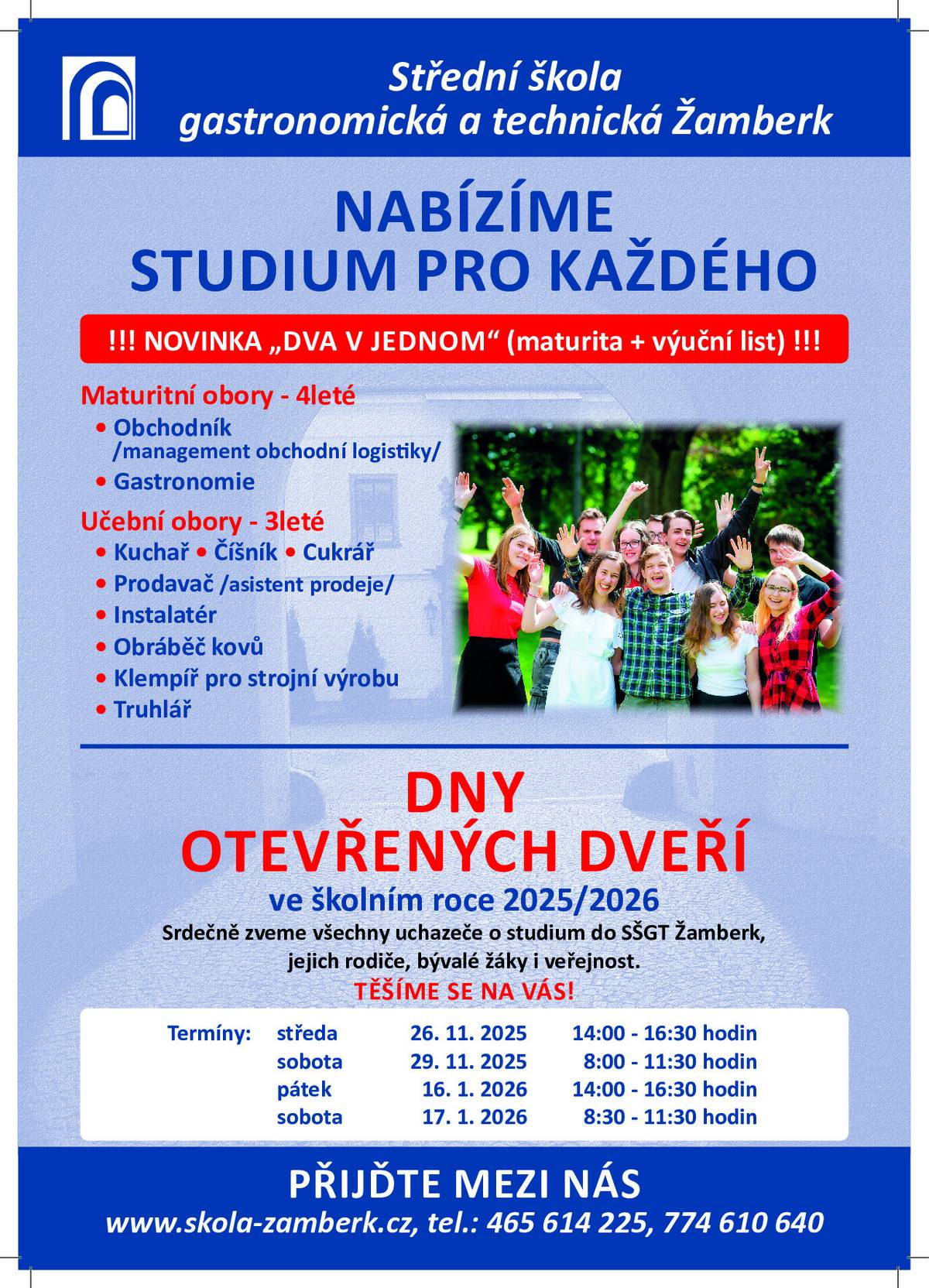 Pozvánka na Dny otevřených dveří ve školním roce 2025/2026.