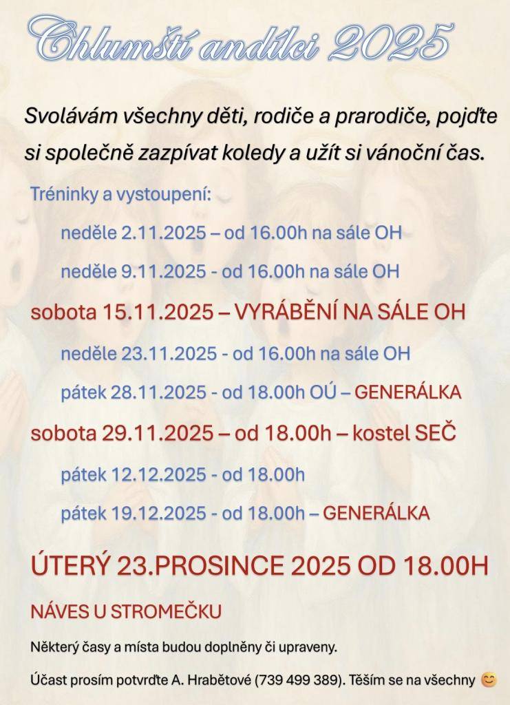 Chlumští andílci vystoupí opět v Seči a na Chlumu