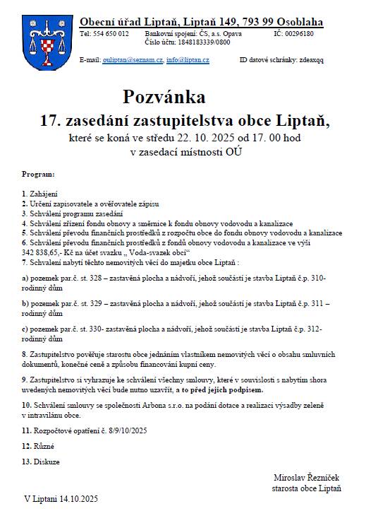 Dne 22.10.2025  od 17:00 se koná 17. veřejné zasedání zastupitelstva obce Liptaň, jste srdečně zváni.