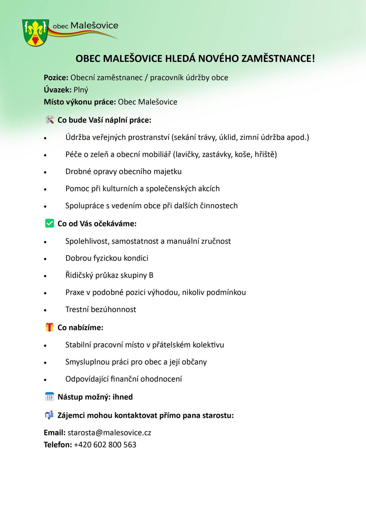 HLEDÁ NOVÉHO ZAMĚSTNANCE