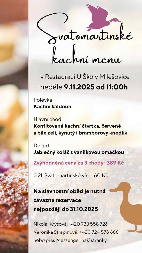 Svatomartinské kachní menu v Restauraci U Školy Milešovice v neděli 9. 11. 2025 od 11:00 hod.