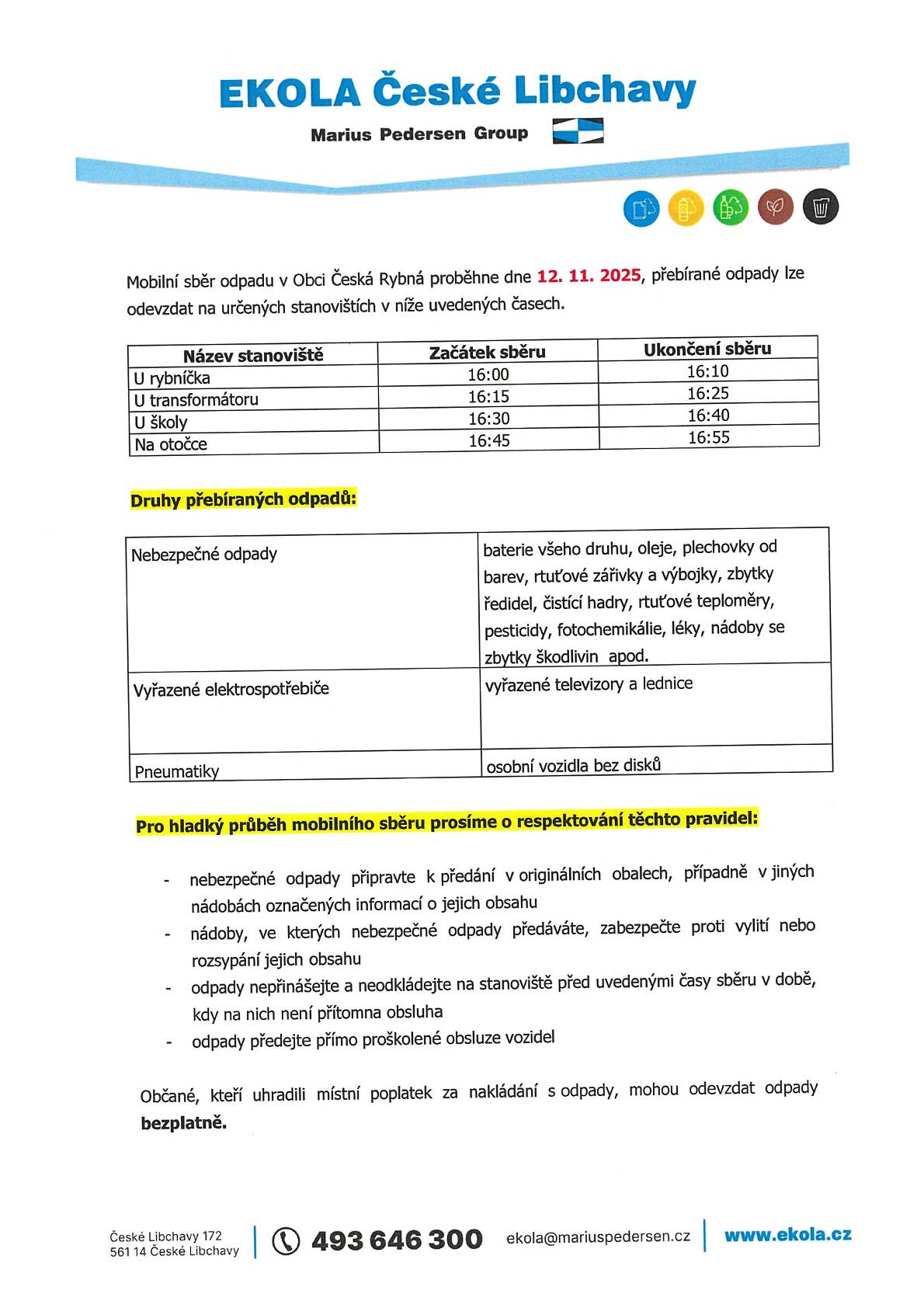 Mobilní sběr odpadu v Obci Česká Rybná proběhne dne 12.11.2025. Nebezpečné odpady, vyřazené elektrospotřebiče, pneumatiky (osobní a bez disků). Od příštího roku nebudou pneumatiky zahrnuty do mobilního sběru. Stanoviště: U rybníčku 16:00-16:10, u transformátoru 16:15-16:25, u školy 16:30-16:40, na otočce 16:45-16:55.