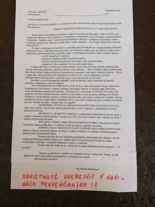 k príspevku Ing. Heleny Mačuhovej uverejnenom na sociálnej sieti FACEBOOK dňa 17.10.2025