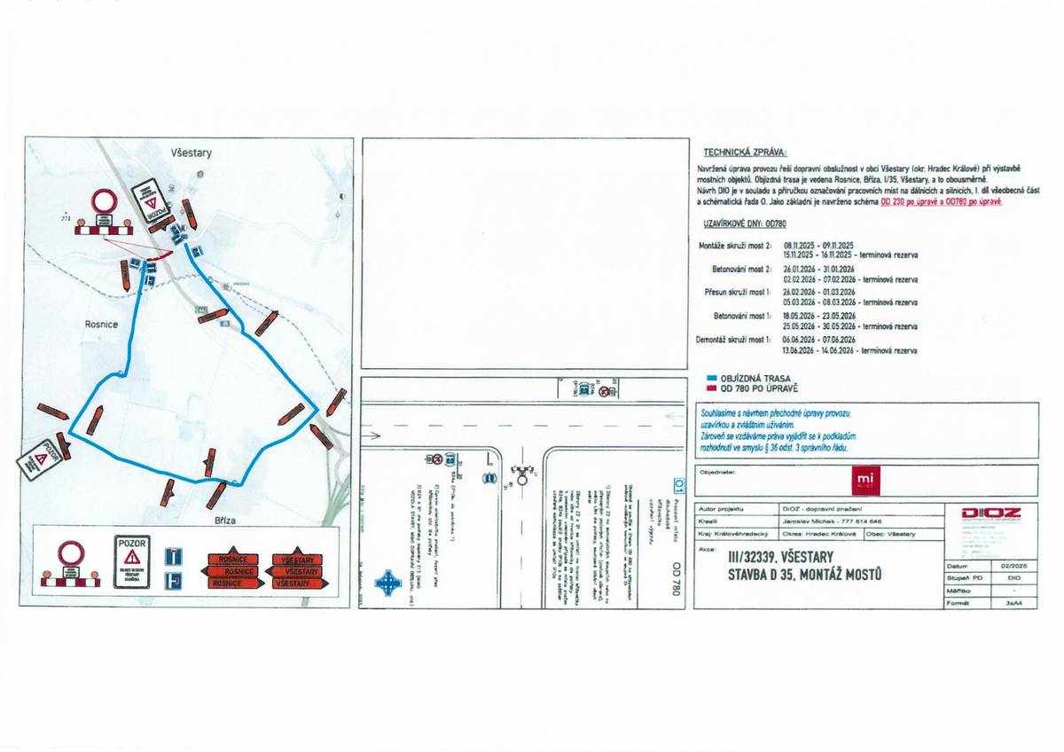 Vážení občané, v nejbližší době začne stavba dálničních mostních konstrukcí v obci Všestary. 👉 Během stavby bude doprava zachována alespoň v jednom jízdním pruhu. Pouze v době montážních prací, kdy se bude instalovat podpěrná konstrukce nebo probíhat betonáž nad silnicí, dojde k úplné uzavírce provozu. První uzavírka je plánována na víkend 8.–9. listopadu. Následující pak dle přiložené technické zprávy. V této době bude trasa vedena přes Rosnice / Břízu. 🚶♀️ Pěší provoz by měl být zachován – bude možné využít buď stezku kolem sběrného dvora, nebo krajnici silnice.