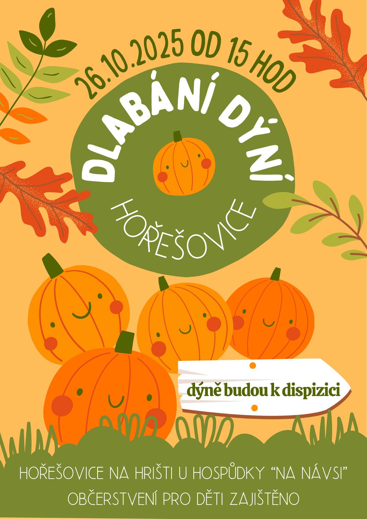 Zveme vás na podzimní dlabání dýní v neděli 26.10. od 15:00 na hřišti u hospody.