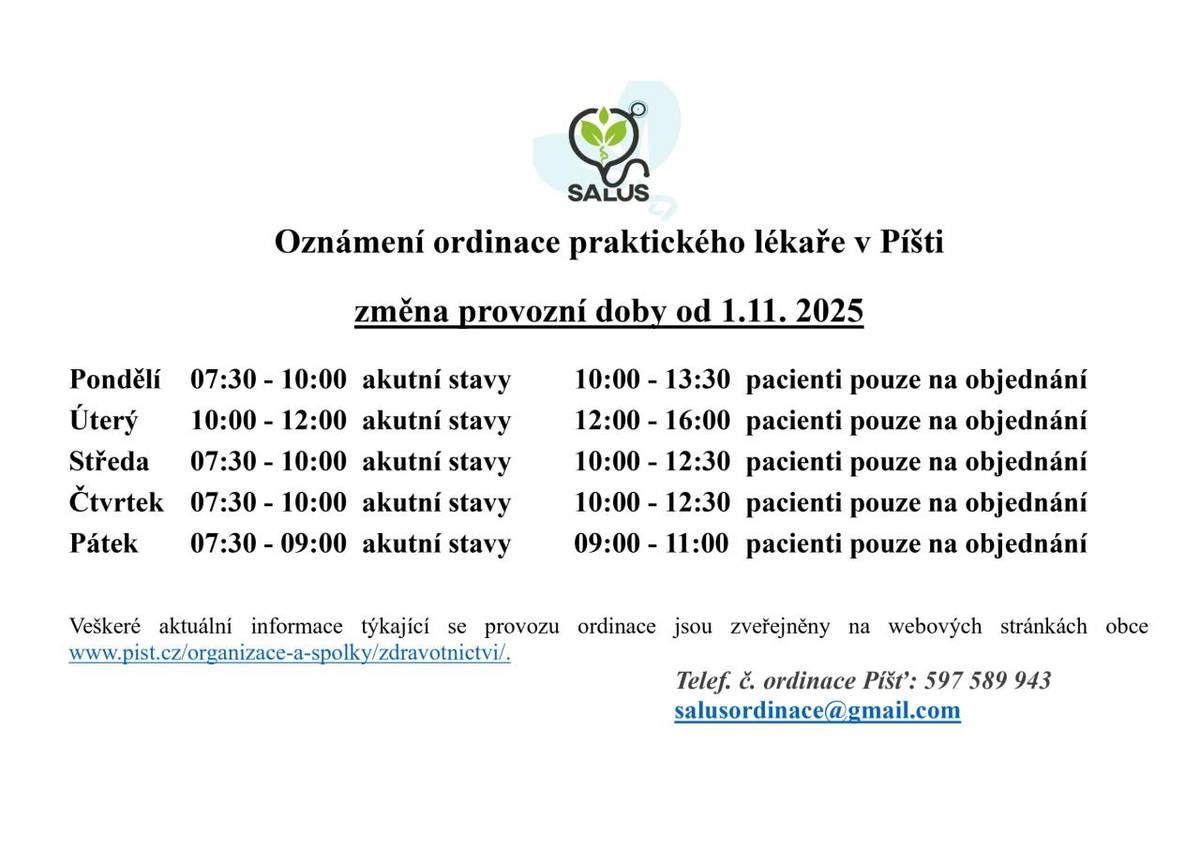 Změna provozní doby ordinace praktického lékaře Píšť od 1.11.2025