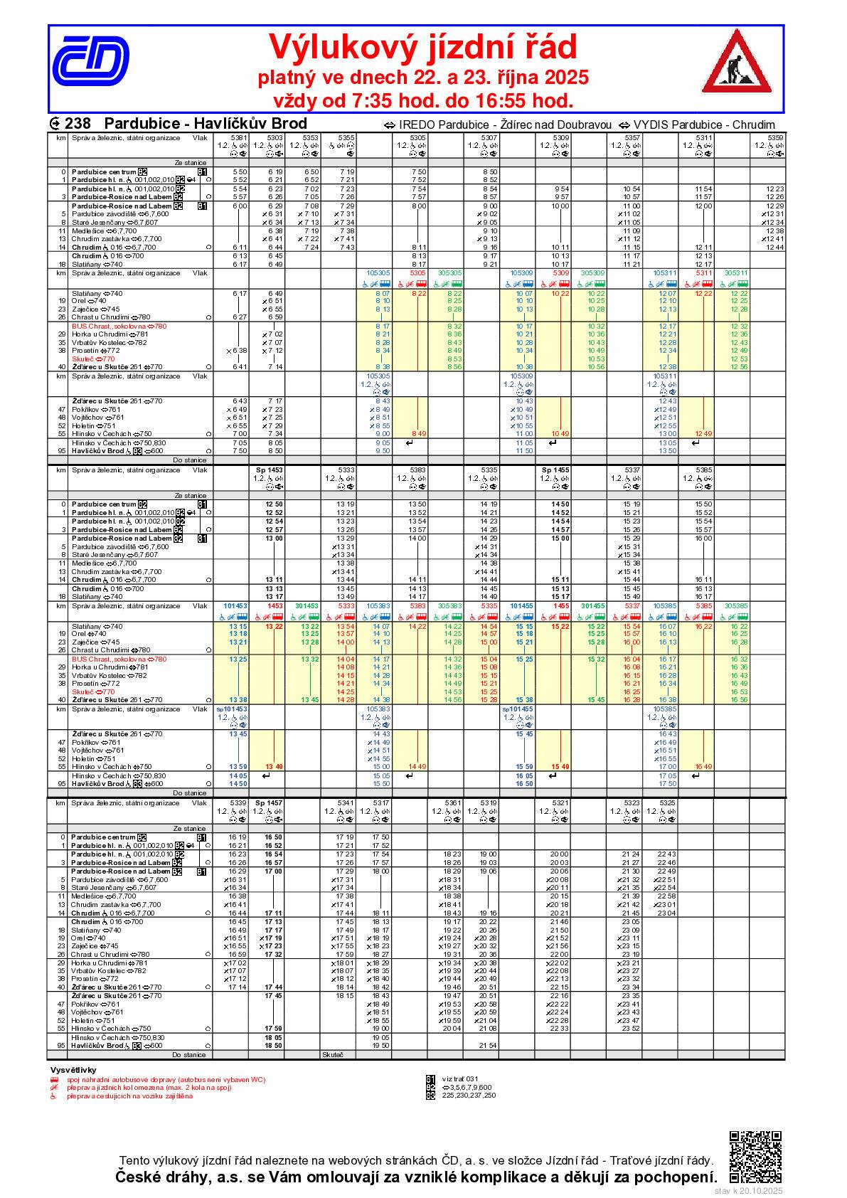 V rámci zlepšení přestupní vazby mezi autobusem náhradní dopravy a vlakem dojde ve dnech 22. a 23. října 2025 během výluky v úseku (Slatiňany -) Chrast u Chrudimi - Žďárec u Skutče k posunu odjezdu spoje náhradní dopravy za vlak 5334. Tento spoj bude nově odjíždět ze Žďáru u Skutče o 5 minut dříve, tedy již ve 14:30 hod. České dráhy, a.s., Oblastní ředitelství osobní dopravy Střed Oddělení technologie a jízdního řádu
