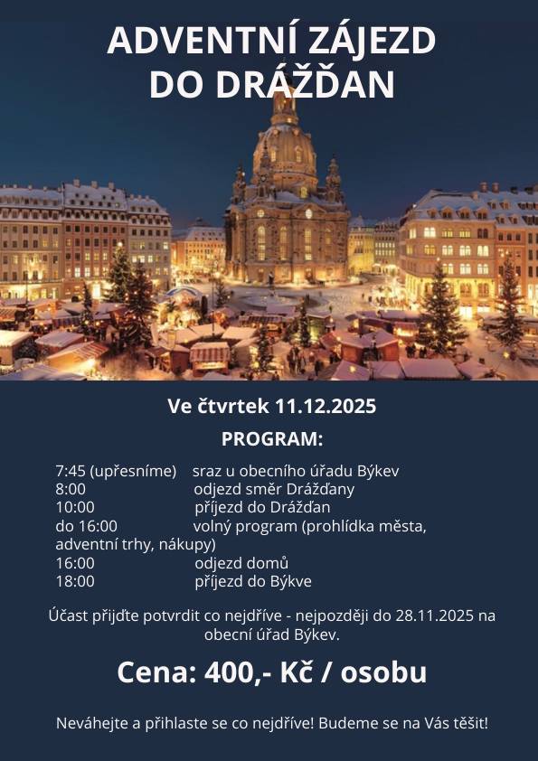 OÚ Býkev pořádá zájezd na Adventní trhy do Drážďan ve čtvrtek 11.12.2025