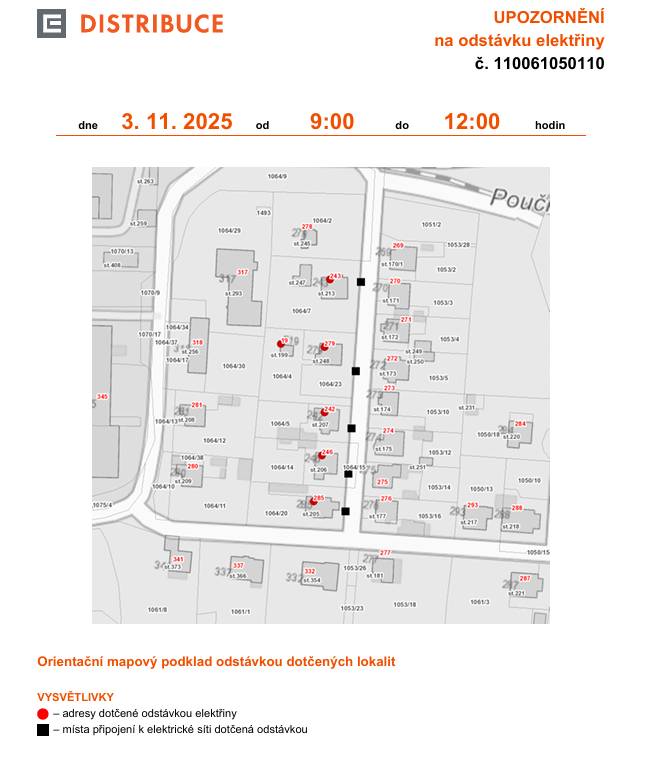 Vážení sousedé, chtěli bychom Vás informovat, že 3.11.2025 mezi 9.00 a 12.00 bude přerušena dodávka elektrické energie v Karlštejně - odstávka se týká č.p. 242, 243, 246, 279 a 285, a č.ev. 19 Děkujeme za pochopení městys Karlštej