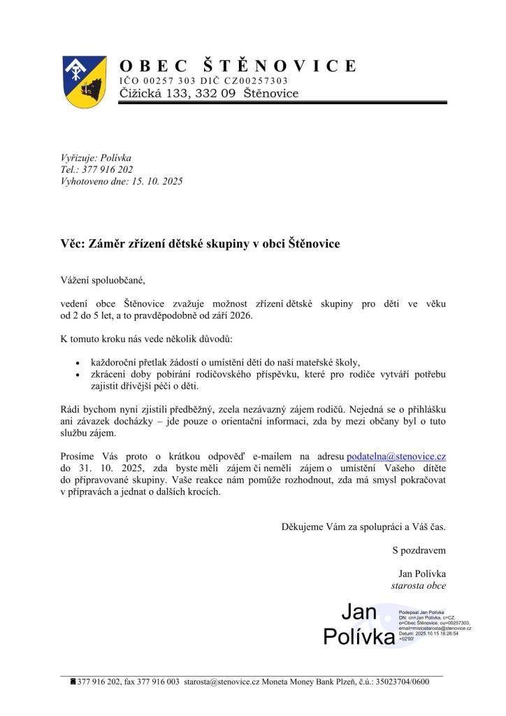 Obec Štěnovice: Zájem rodičů - zřízení dětské skupiny