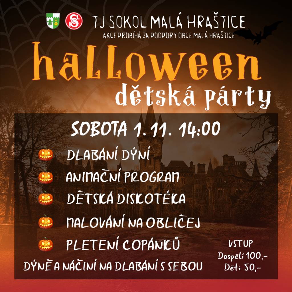 Připravili jsme celé odpoledne plné zábavy pro děti:  přijďte v kostýmu, dlabání dýní (dýně a náčiní na dlabání si přineste s sebou), animační program pro děti, dětská diskotéka, malování na obličej, pletení copánků.  Občerstvení zajištěno pro děti i dospělé. Vstup 100,- pro dospělé, pro děti 50,-.