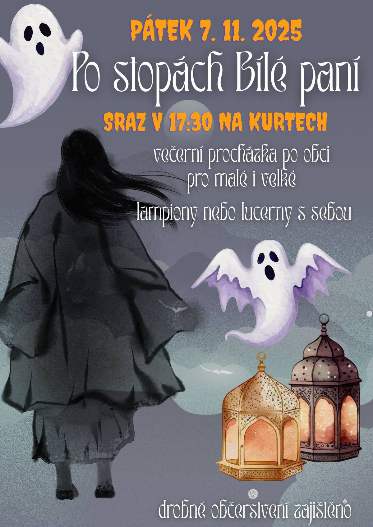Zveme malé i velké dobrodruhy na tajemnou večerní výpravu „Po stopách Bílé paní“, která se uskuteční v pátek 7. 11. 2025. Sejdeme se v 17:30 na kurtech, odkud společně vyrazíme do potemnělých zákoutí naší obce. Vezměte si lampiony nebo lucerny a přijďte si užít příjemnou podzimní atmosféru plnou světýlek. Pro účastníky bude připraveno drobné občerstvení. 👻🌙
