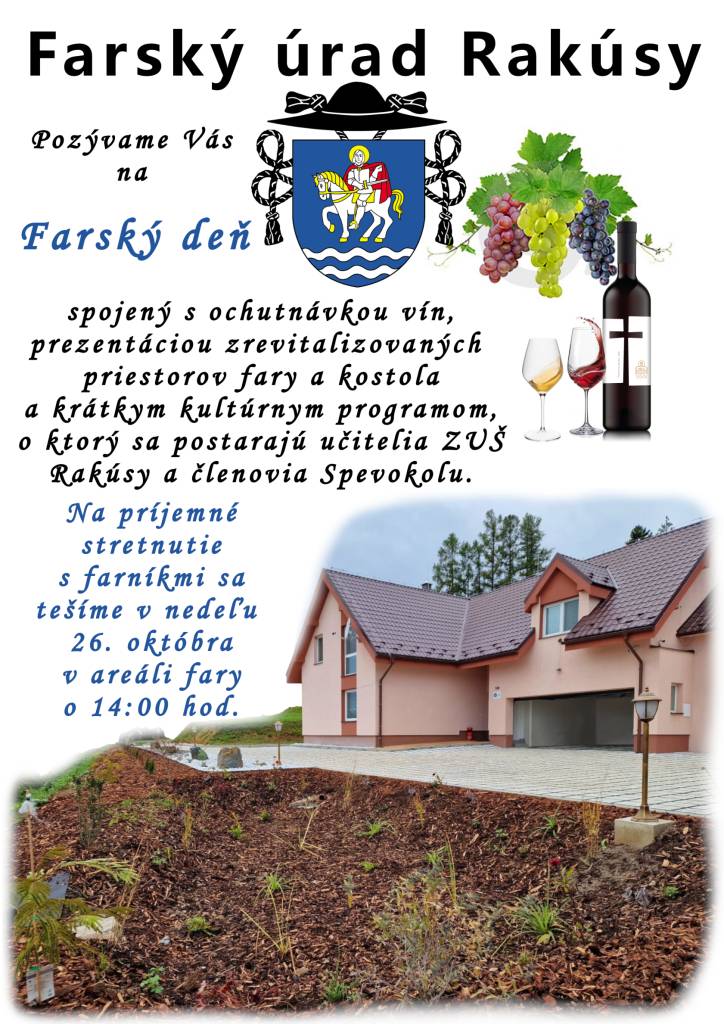 Pozývame farníkov farnosti Rakúsy na Farský deň v areáli Rímskokatolíckeho kostola sv. Martina v Rakúsoch, ktorý sa bude konať v nedeľu, 26. októbra 2025 od 14:00 hod.