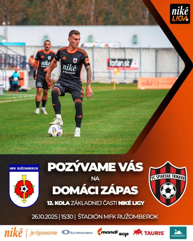 Niké Liga Vás pozýva na 12. kolo Niké Ligy MFK Ružomberok / FC Spartak Trnava 26. 10. 2025 o 15.30 hod. na štadióne MFK Ružomberok. Tešiť sa môžete na polčasovú súťaž a širokú ponuku jedál a nápojov na štadióne. Pripomíname, že deti do pätnásť rokov majú vstup na naše domáce súboje zadarmo.