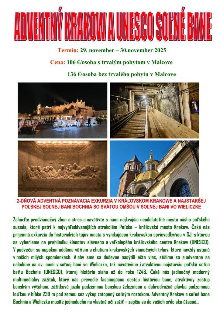 Záujemcovia o výlet do Krakowa sa môžu nahlásiť osobne na obecnom úrade alebo telefonicky na č.  054/4796235 do 31.10.2025