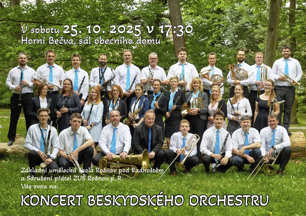 Základní umělecká škola Rožnov p.R a Sdružení přátel ZUŠ Rožnov p.R. Vás zvou na KONCERT BESKYDSKÉHO ORCHESTRU, který se uskuteční tuto SOBOTU 25.10.2025 OD 17:30 V OBECNÍM DOMĚ HORNÍ BEČVA. Vstupné je dobrovolné.