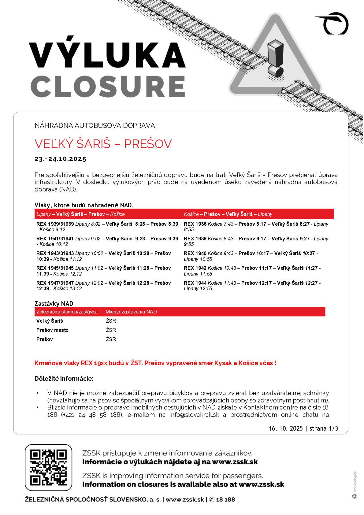 Oznámenie o výlukách:  Veľký Šariš - Prešov, 23. - 24. októbra 2025