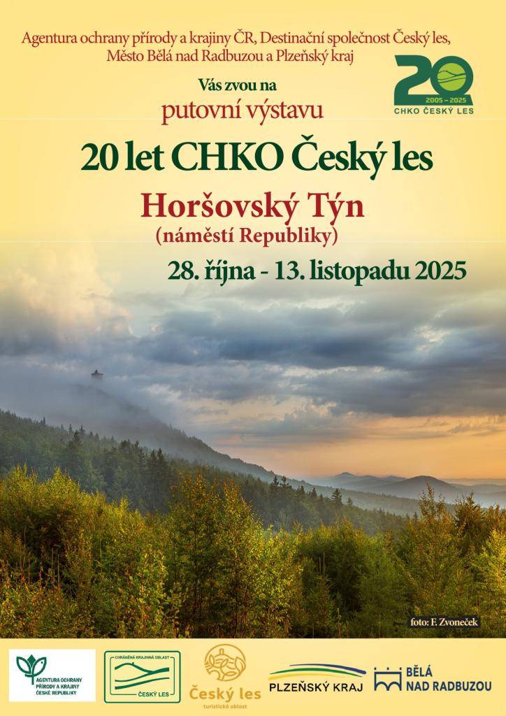 Putovní výstava CHKO Český les, oslavující 20 let od vzniku této chráněné krajinné oblasti, se koná v Horšovském Týně na náměstí Republiky. Výstava proběhne od 28. října do 13. listopadu 2025 a nabízí jedinečný pohled na přírodní krásy.