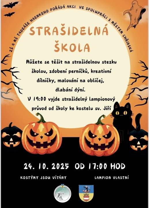 Nezapomeňte! Již tento pátek, 24.10. se můžete přijít pobavit a taky trochu bát do Strašidelné školy😱. Poznejte naši základku očima duchů a strašidel🥶.Čeká Vás bohatý program pro děti i dospělé. Vezmněte si lampióny a třeba i kostýmy, protože akce bude zakončena strašidelným lampionovým průvodem od školy do parku na náměstí👻. Pořádá ZŠ a MŠ tad. Haenkeho ve spolupráci s městem Chřibská.