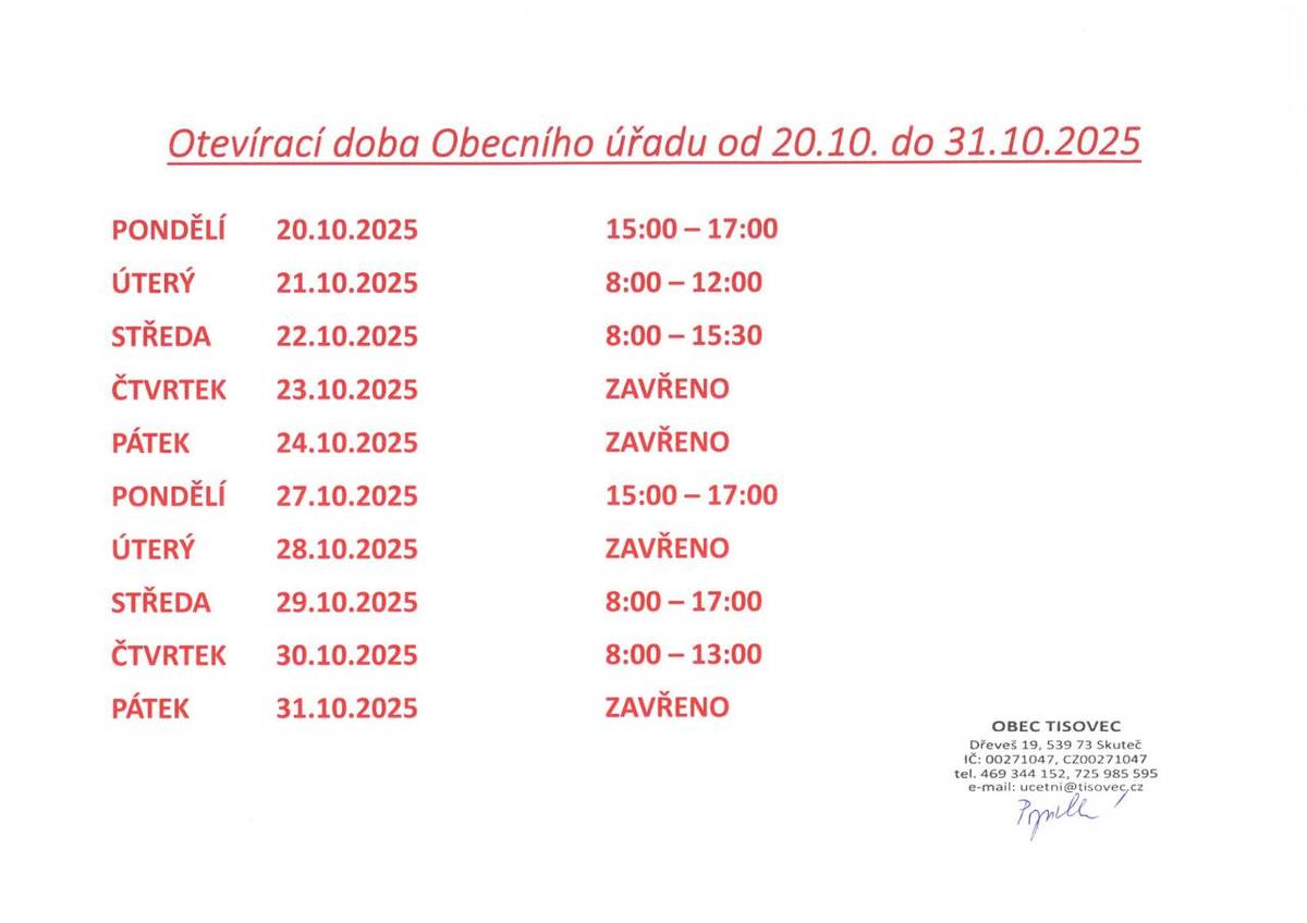 Obecní úřad ve Dřeveši upozorňuje na omezenou otevírací dobu od 20. do 31. října 2025.