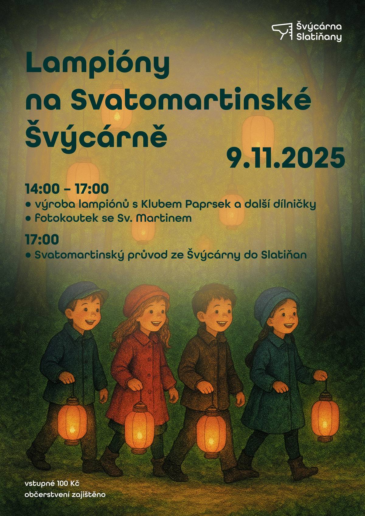 Přijďte si užít kouzelné odpoledne plné světýlek, tvoření a svatomartinské atmosféry! ✨  📅 9. listopadu 2025 📍 Švýcárna Slatiňany 🕑 14:00–17:00 • Výroba lampiónů s Klubem Paprsek a další dílničky • Fotokoutek se sv. Martinem 🕔 17:00 • Svatomartinský průvod ze Švýcárny do Slatiňan 💰 Vstupné: 100 Kč ☕ Občerstvení zajištěno Přijďte s rodinou, přáteli i dětmi – rozsvítíme spolu podzimní večer!