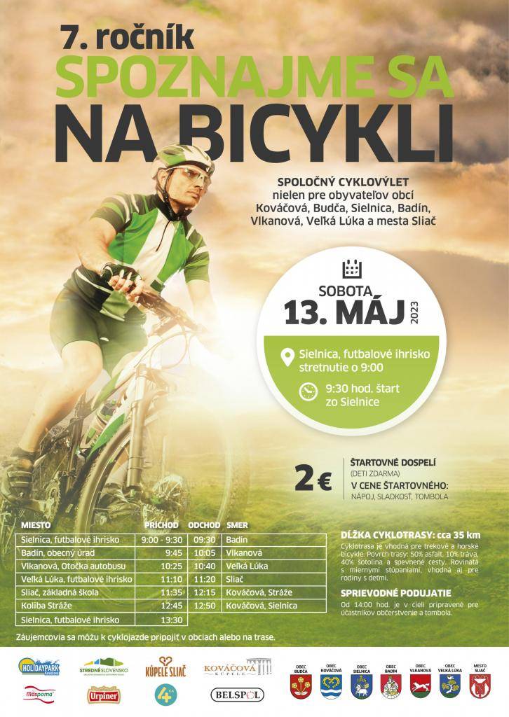 Spoznajme sa na bicykli dňa 13. máj 2023  POZOR zmena! Štart a cieľ je v Sielnici pred obecným úradom.