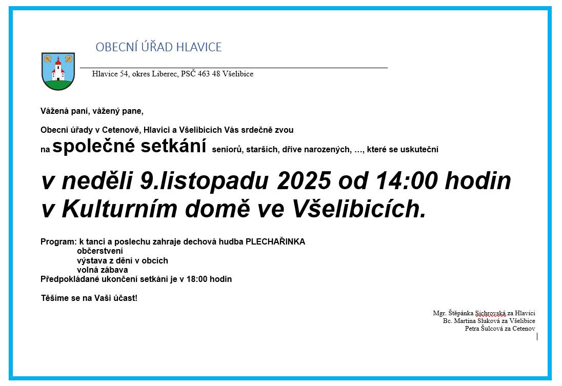 Srdečně zveme nejen seniory na společné setkání v KD Všelibice