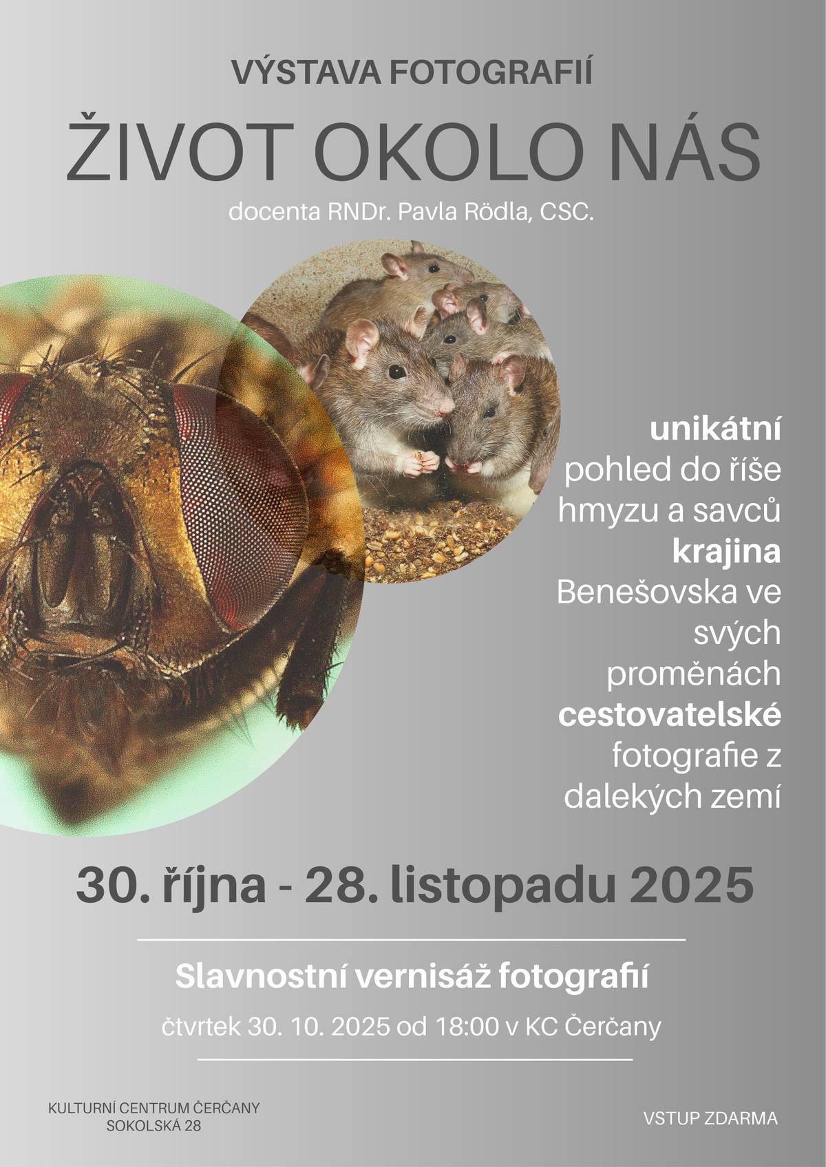 Od 30. října do 28. listopadu 2025 se můžete v prostorách Kulturního centra v Čerčanech těšit na výstavu fotografií docenta Pavla Rödla.  Rozhovor s panem docentem jste mohli zaznamenat v posledním vydání Čerčanského zpravodaje.     Výstava bude zahájena slavnostní vernisáží ve čtvrtek 30. 10. 2025 od 18:00 s autorem fotografií v KC Čerčany, na kterou jste srdečně zváni.     Těšíme se na vaší návštěvu!