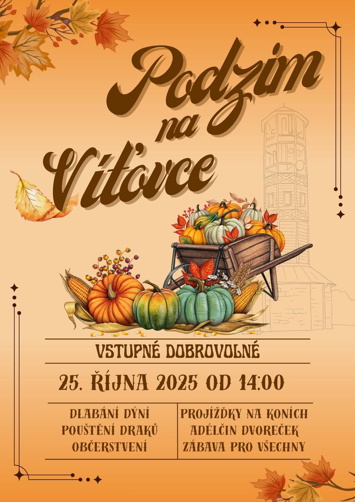 Obec Lovečkovice zve všechny na Drakiádu a dlabání dýní na Víťově vyhlídce 25.10.2025 od 14:00. Pečení buřtů, projížďka na koních a Adélčin dvoreček. S sebou si vezměte nástroje na dlabání dýně. Občerstvení zajištěno.