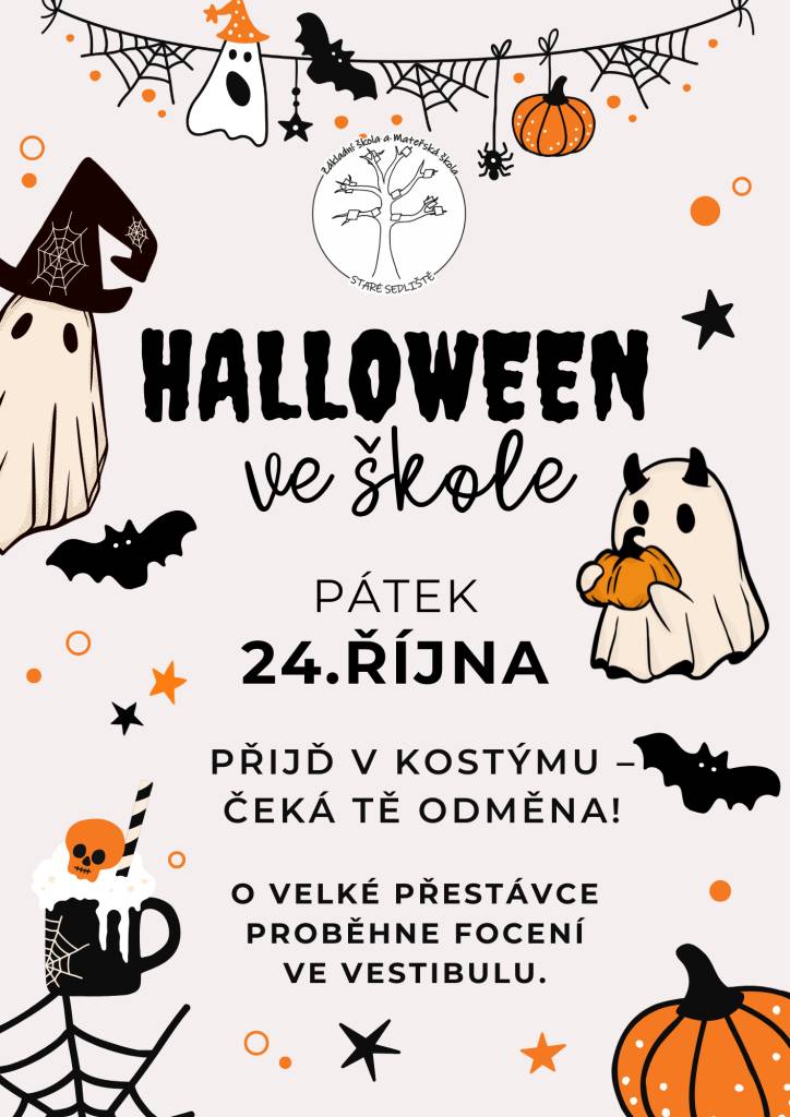 V pátek 24. října přijď v halloweenském v kostýmu – čeká tě odměna!  O velké přestávce proběhne ve vestibulu halloweenské focení.  Těšíme se na všechny strašidelné, kouzelné i vtipné převleky!