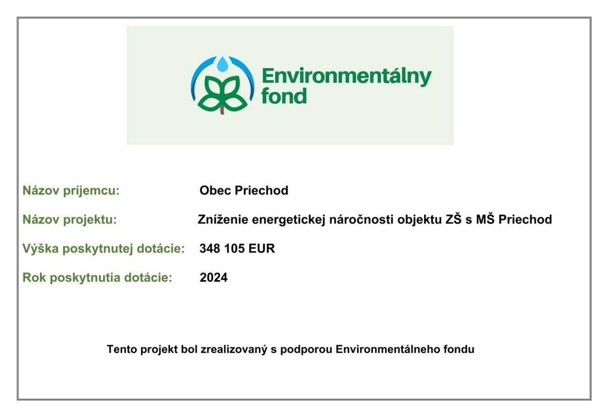 Zateplenie obvodového plášťa s výmenou okien a dverí, zateplenie strešného plášťa budovy. Ciele a prínosy: Zateplením sa dosiahne zlepšenie kvality a predĺženie životnosti stavby, zlepšia sa tepelnotechnické vlastnosti a tým sa zvýši úspora tepla pre vykurovanie a úspora prevádzkových nákladov.