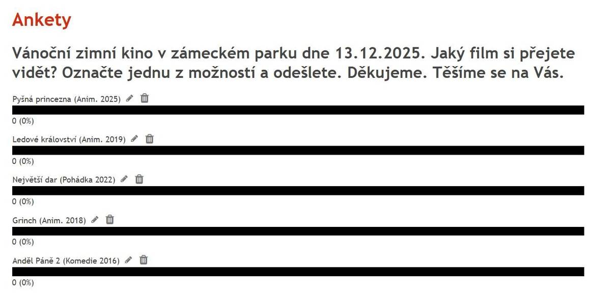 Vážení občané, v sekci ankety na webu obce můžete hlasovat jaký snímek by jste rádi viděli 13.12. na vánočním promítání v parku. https://www.sedlnice.cz/ankety