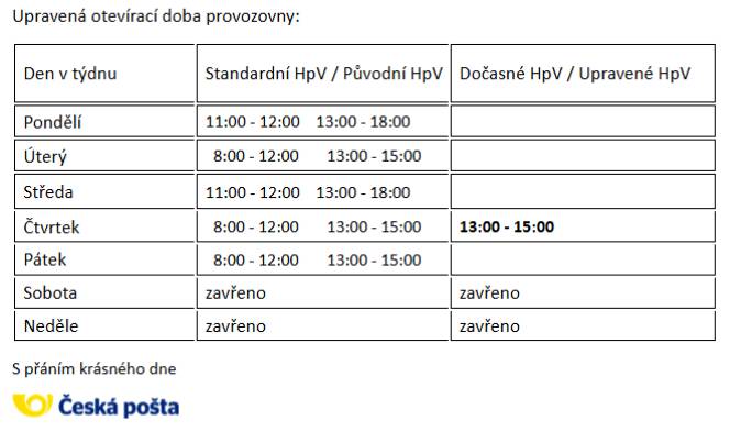 Česká pošta si dovoluje informovat o dočasné změně hodin pro veřejnost provozovny 582 82 Golčův Jeníkov. Rozsah hodin pro  veřejnost bude omezen na nezbytně nutnou dobu dne 30.10.2025 z provozních důvodů.