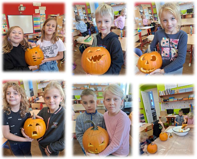 Děkujeme mamince Vládíka Rajdla za pořízení 12 pěkně velkých dýní, které stráží vchod do školy a tváří se u toho velmi strašidelně!