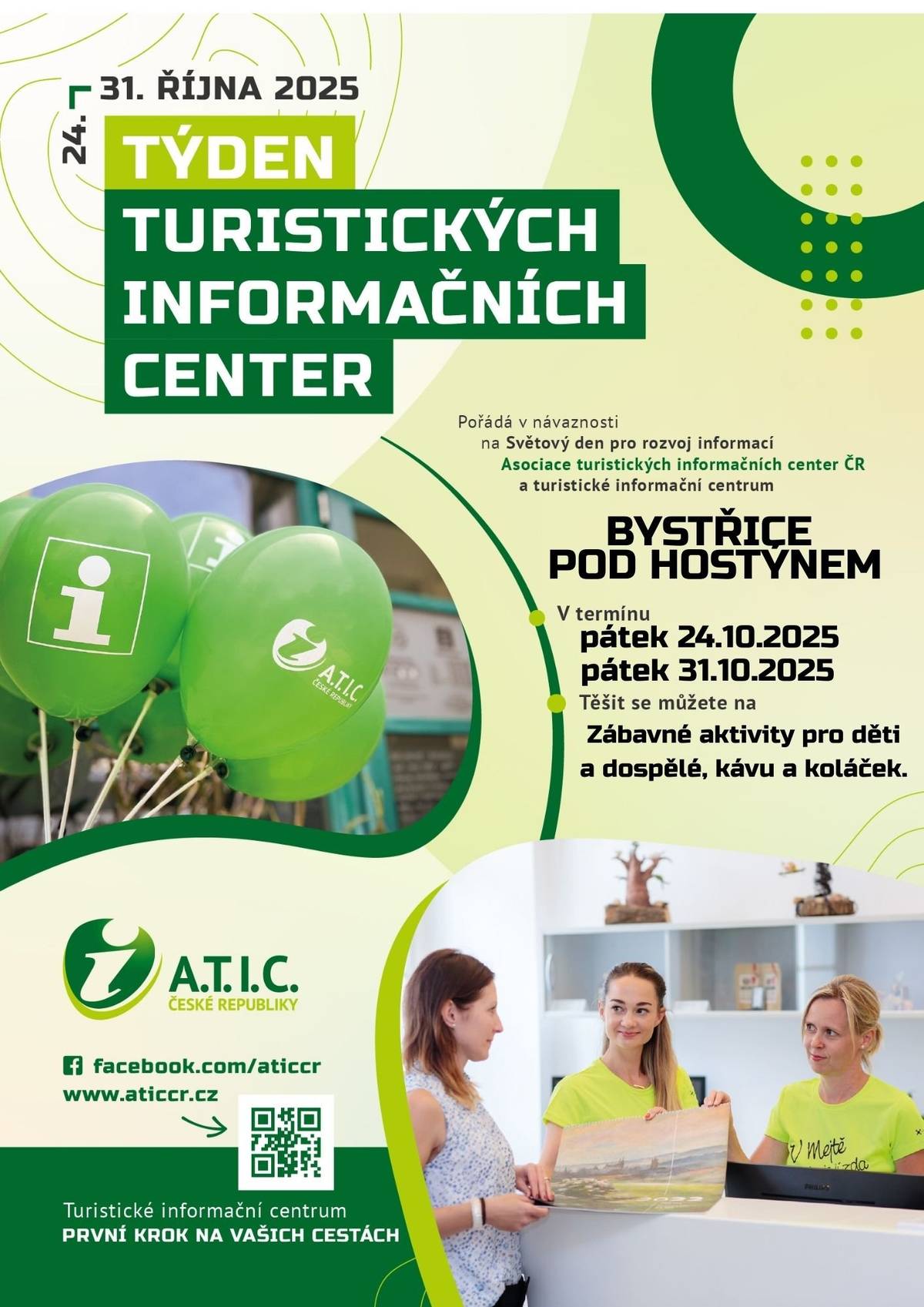 Již šestý ročník Týdne turistických informačních center (TIC) – celorepublikové akce, která spojuje poznávání, zábavu a objevování zákulisí oblíbených „íček“, se bude konat od 24. do 31. října 2025. Do letošního ročníku se zapojí na 200 certifikovaných infocenter z celé České republiky, mezi nimi i Městské informační centrum Bystřice pod Hostýnem. Pokud centrum sídlící v bystřickém zámku v těchto dnech navštívíte, můžete se těšit na zábavné aktivity pro děti i dospělé, drobné dárky a pohoštění v podobě dobré kávy a koláčků. Cílem Týdne TIC je připomenout, že i v digitální době mají infocentra své pevné místo – nejen jako zdroj informací, ale i jako místo setkávání, inspirace a lokálního patriotismu. Akce tradičně začíná na Světový den pro rozvoj informací (24. října), vyhlášený OSN, který upozorňuje na důležitost přístupu k ověřeným a kvalitním informacím. Pokud milujete výlety, kulturu a lokální kuriozity, vydejte se letos na podzim za hranice všedních dní – do městského informačního centra. Více informací sledujte na www.aticcr.cz.